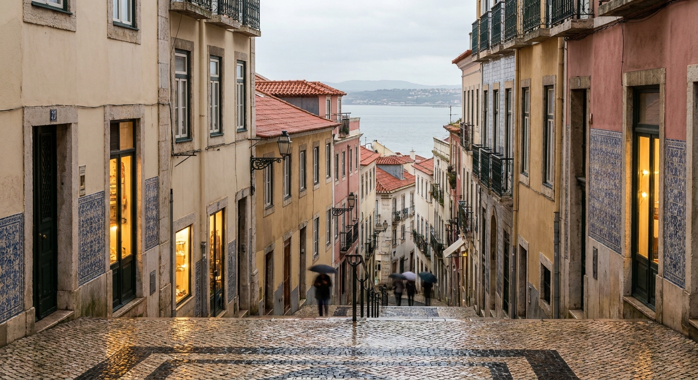 A narrow cobbled street in central Porto after rain, with lit shop windows in the late afternoon