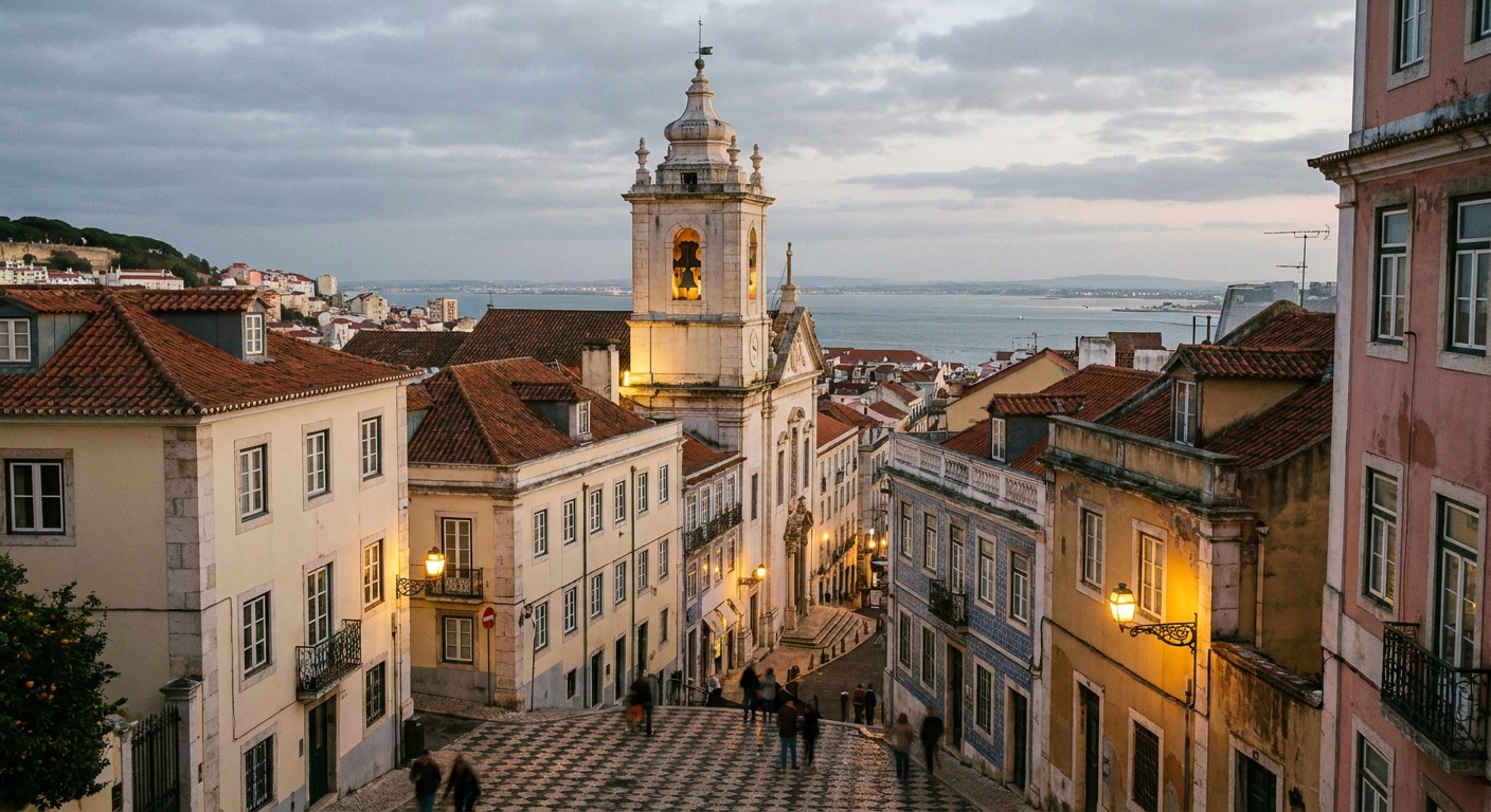 Baroque bell tower rising above tiled rooftops in Porto with lit windows at dusk