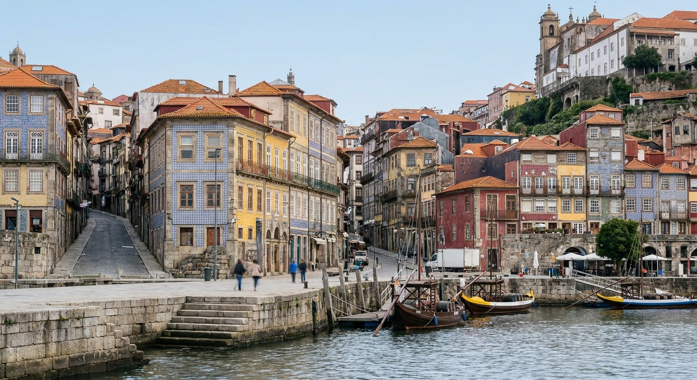 The Douro riverfront at Ribeira in Porto with tiled houses under a clear summer sky