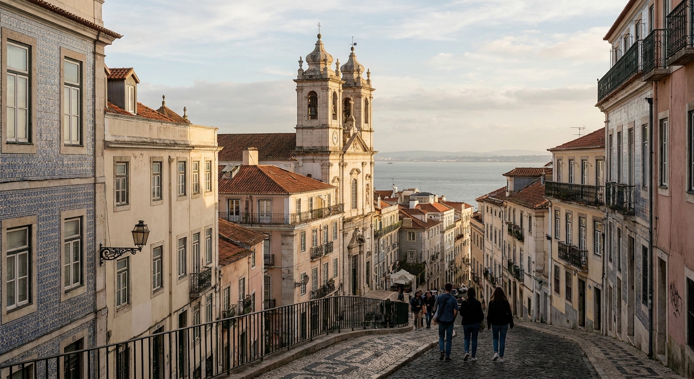 The twin bell tower of the Clerigos church rising above Porto rooftops in evening light