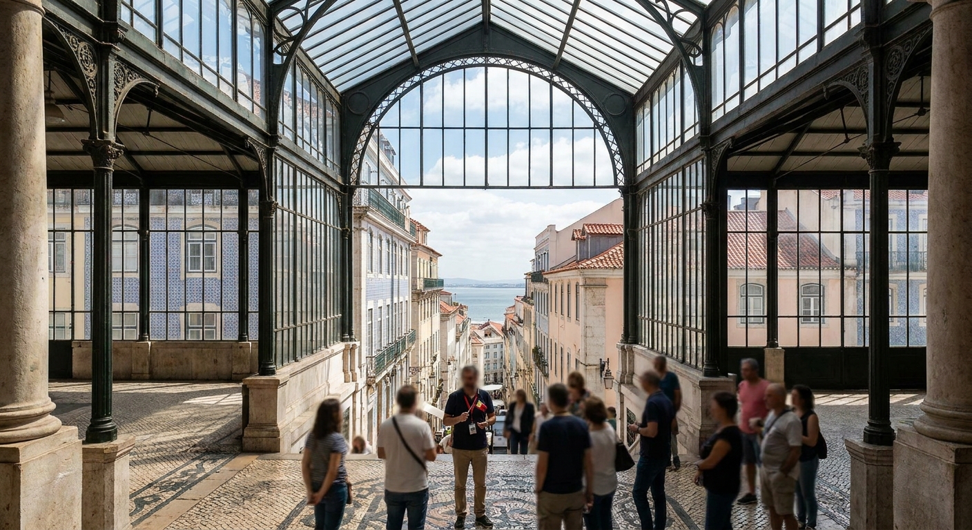 Ornate glass and iron interior of a historic Porto hall with visitors on a guided tour