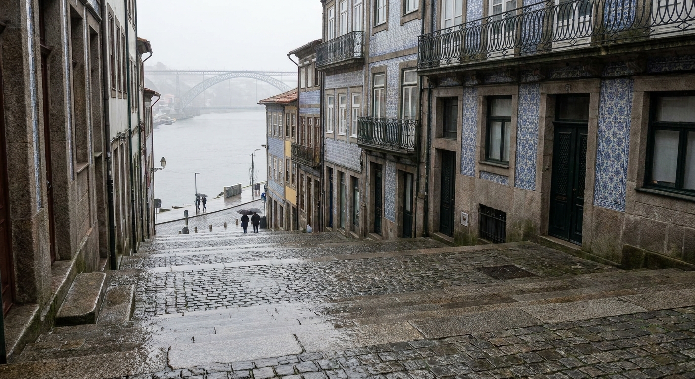 Rain-slicked granite steps leading down toward the Douro riverfront in Porto under gray cloud