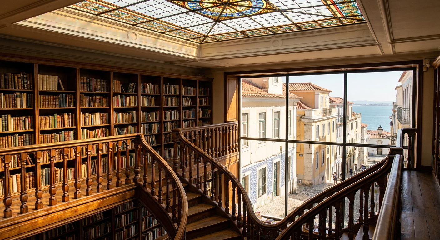 The carved wooden staircase and shelves inside a historic Porto bookshop, lit from a stained-glass skylight