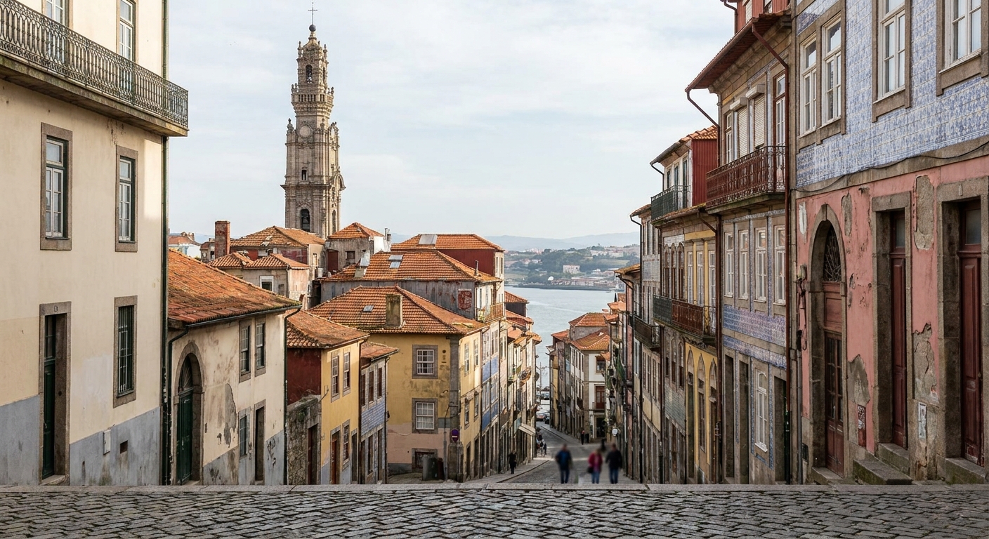 The baroque bell tower of the Clerigos church rising above tiled rooftops in central Porto