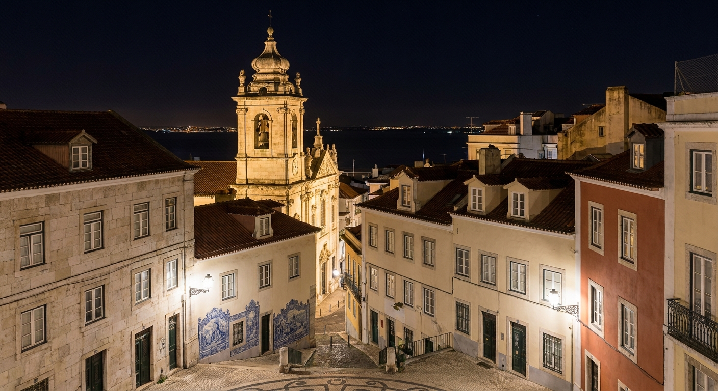 A floodlit baroque bell tower rising over Porto rooftops after dark