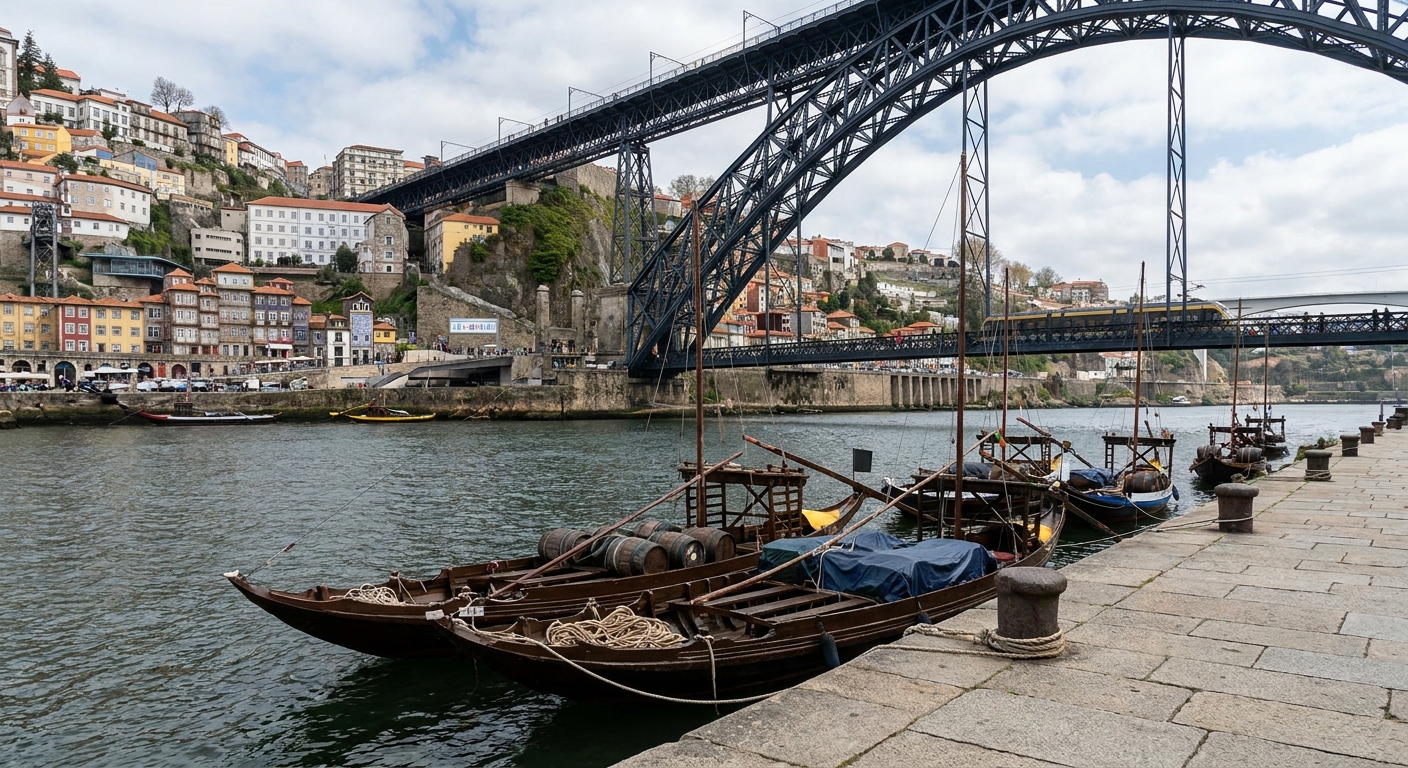 Rabelo boats moored on the Douro below the double-deck iron bridge at Ribeira in Porto