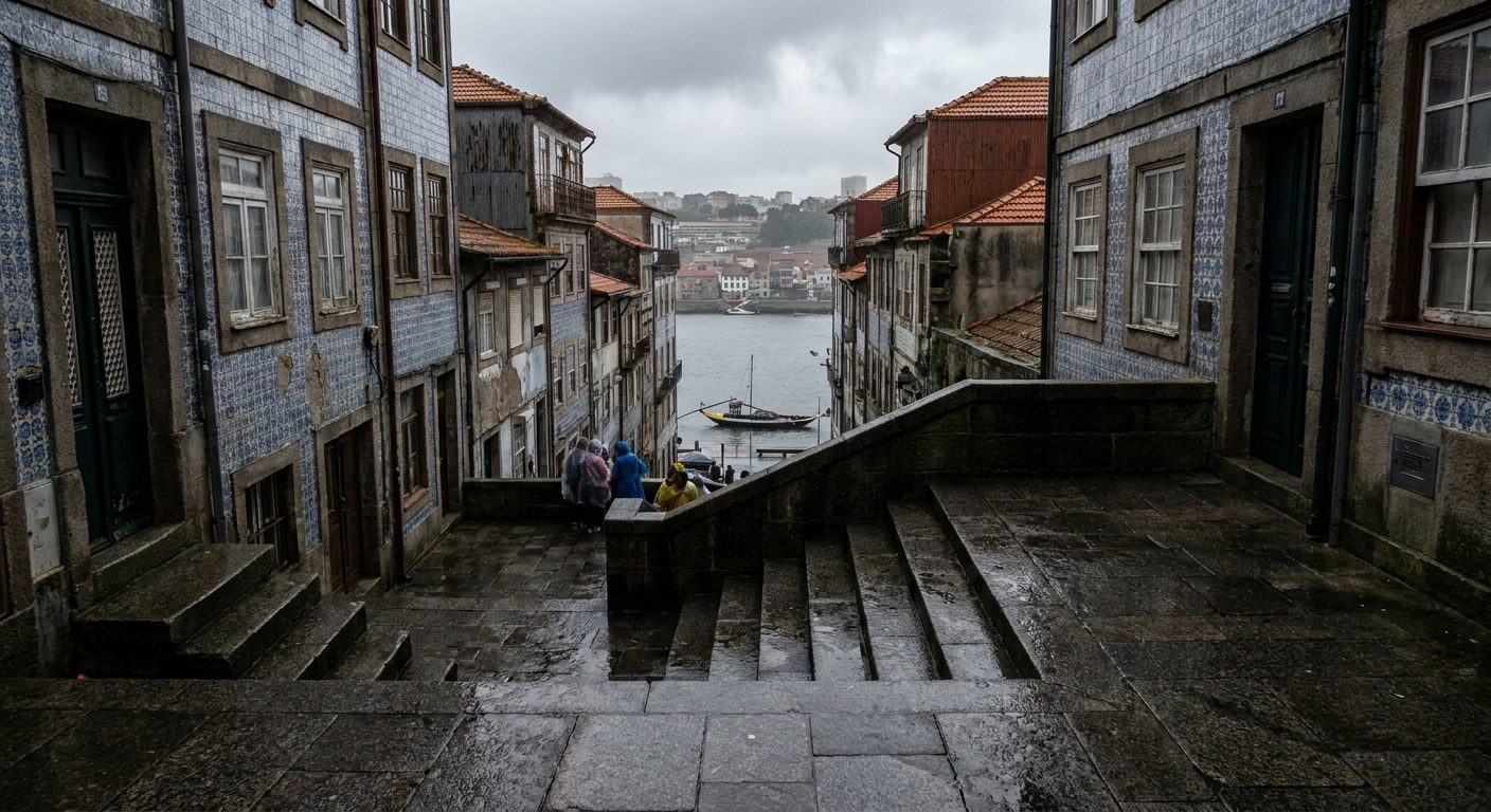 Rain-darkened granite steps above the Douro riverfront in Porto with terraced houses behind