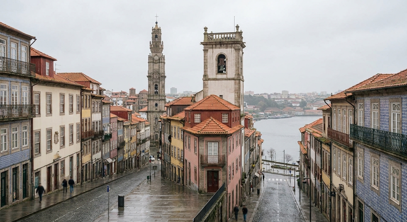 The Clerigos Tower rising above rooftops in central Porto under a gray sky