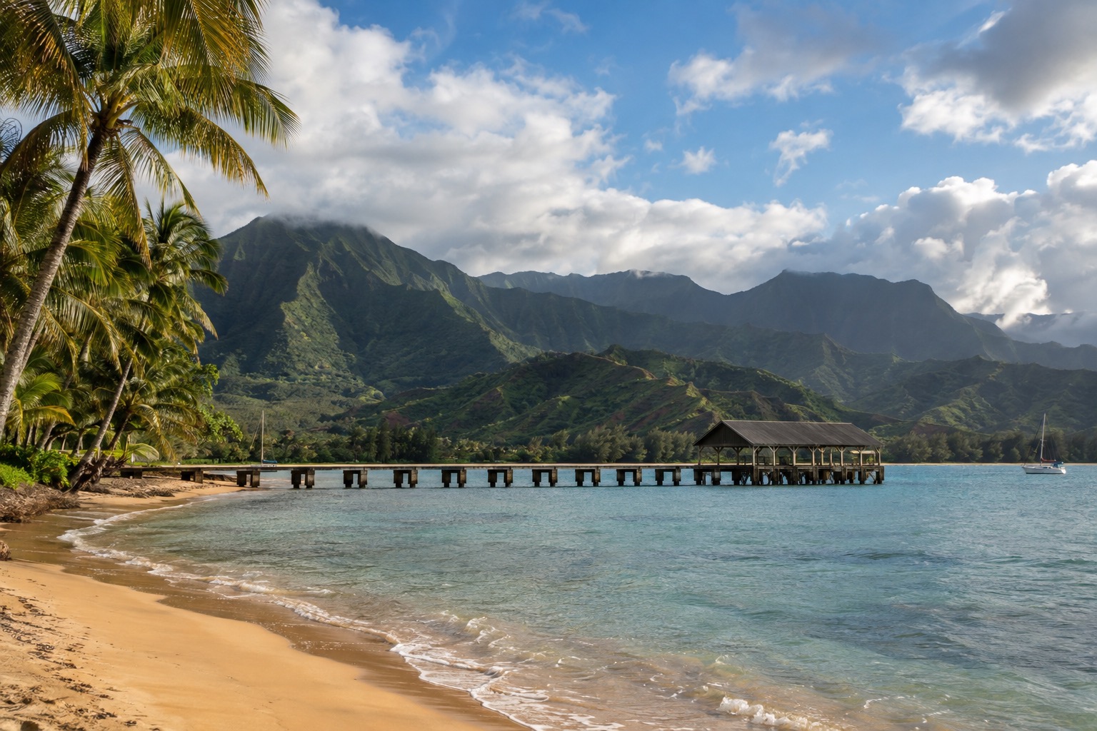 A calm bay lined with palm trees and a long wooden pier under a partly cloudy sky