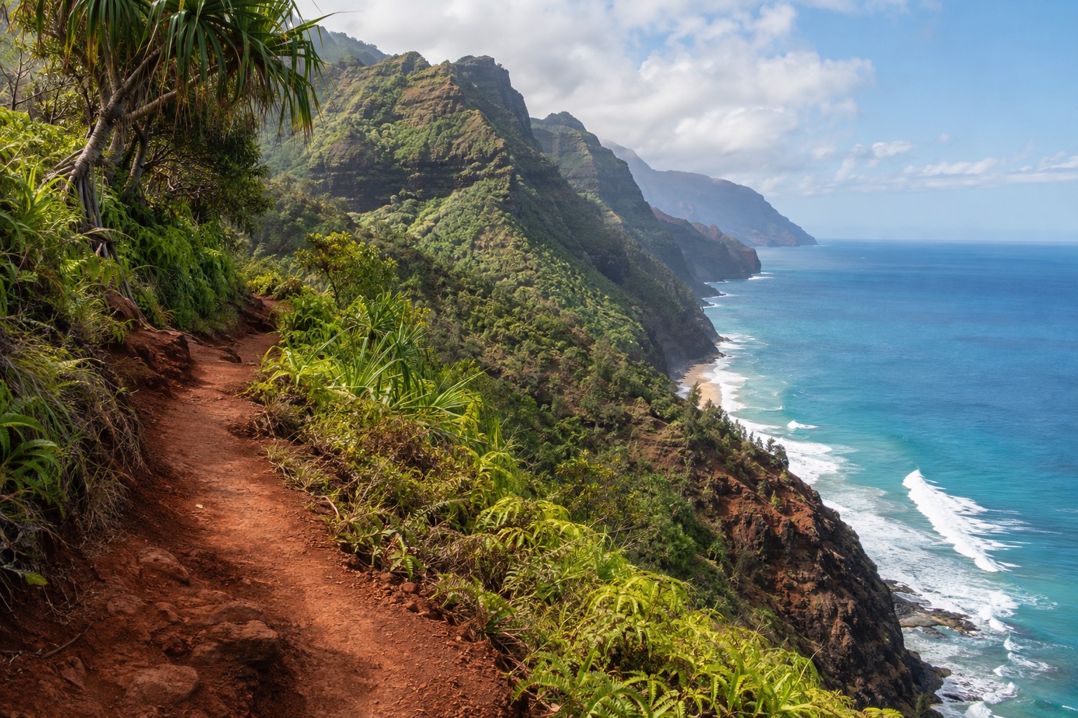 A narrow coastal trail cutting along green sea cliffs above the ocean