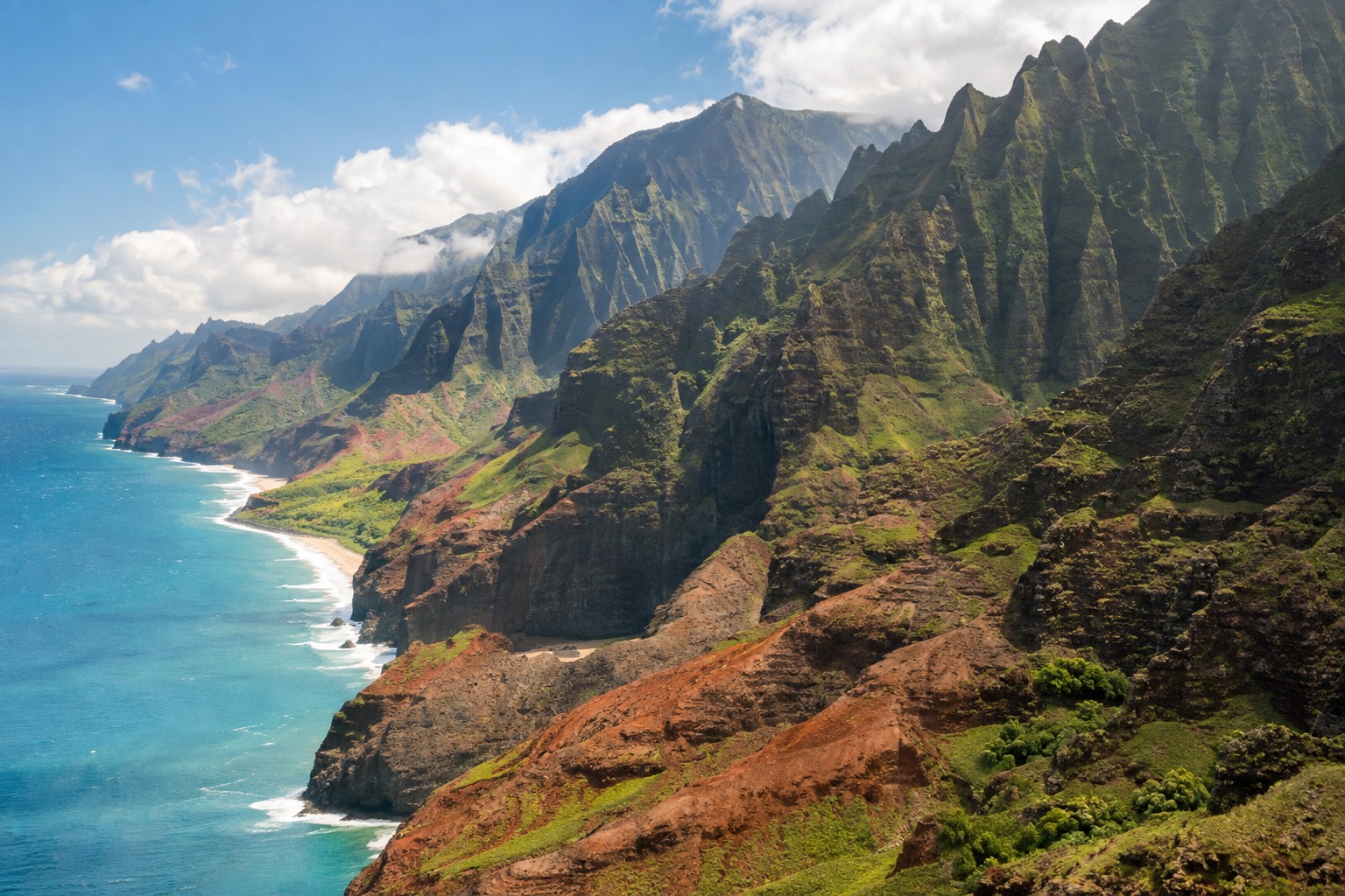 Rocky cliffs and green ridges above a beach on Kauai's north shore near Princeville