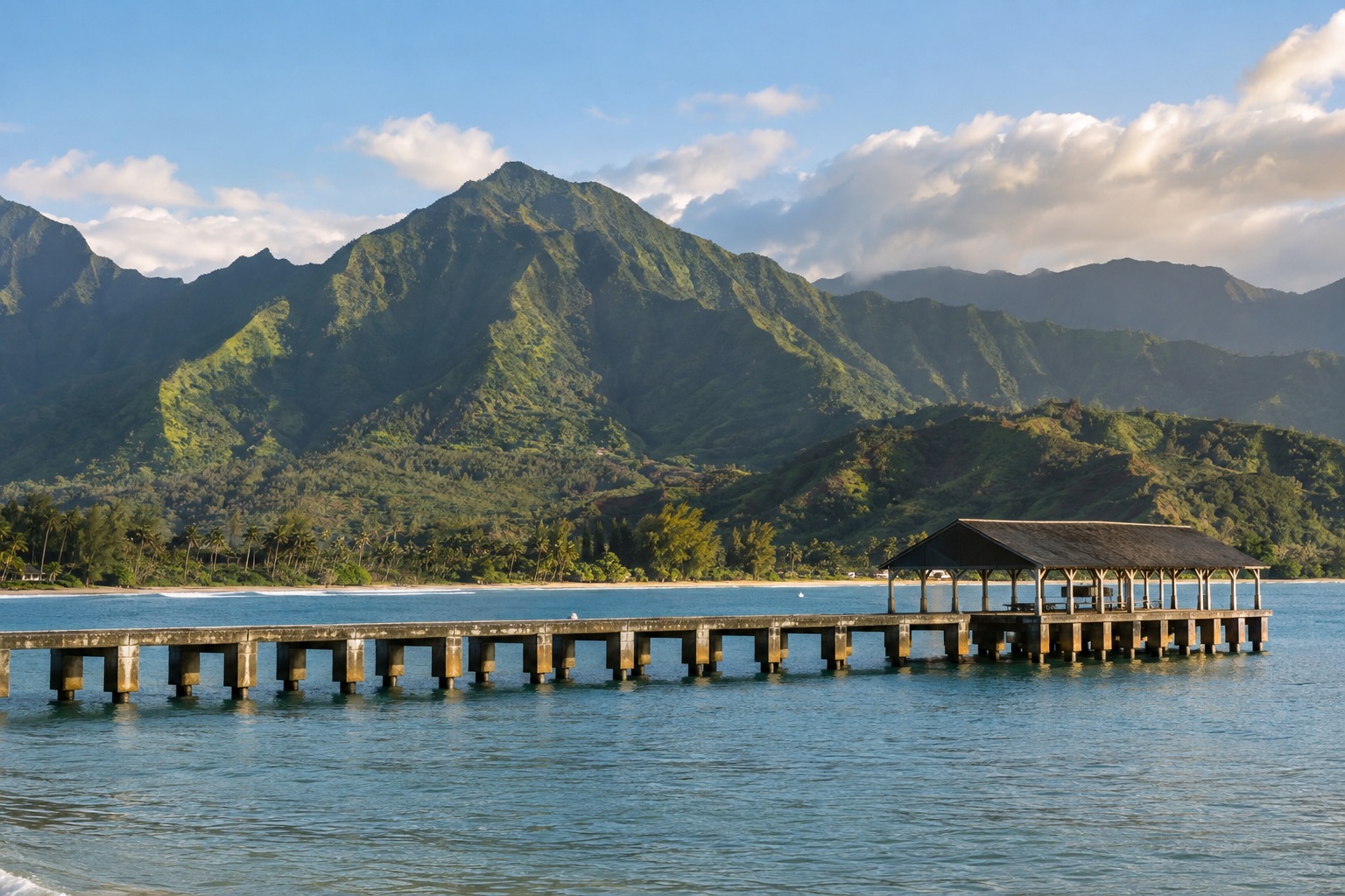 Hanalei Pier extending into calm water with green mountains behind, Kauai's north shore