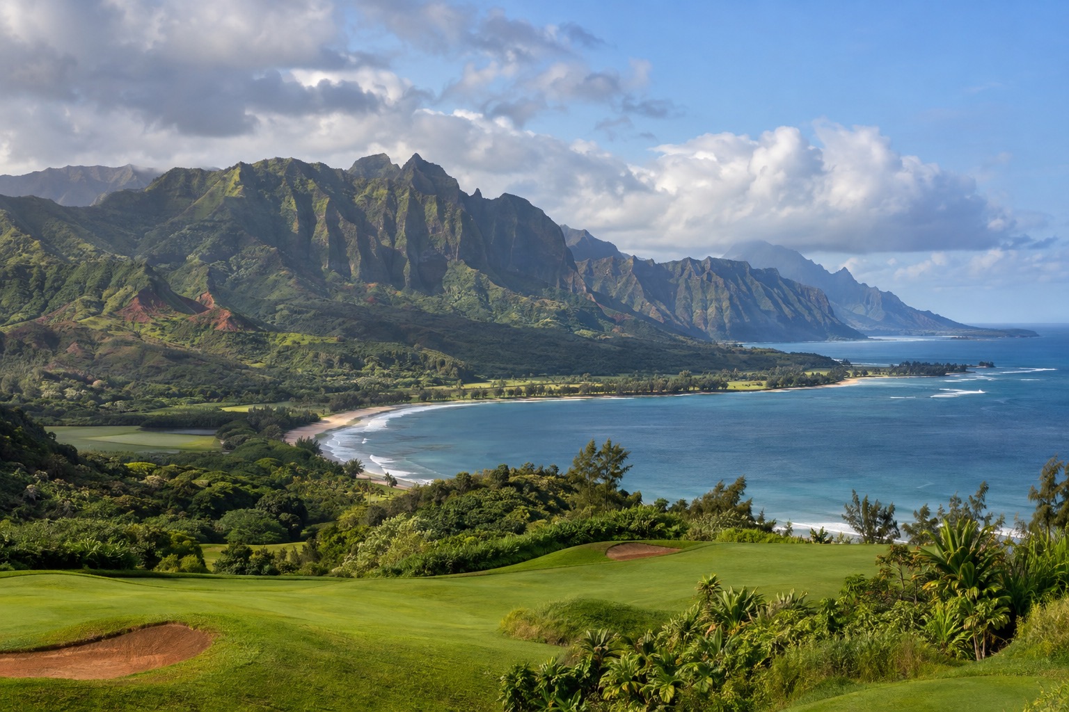 Sea cliffs and green fairways above Hanalei Bay under a partly cloudy sky
