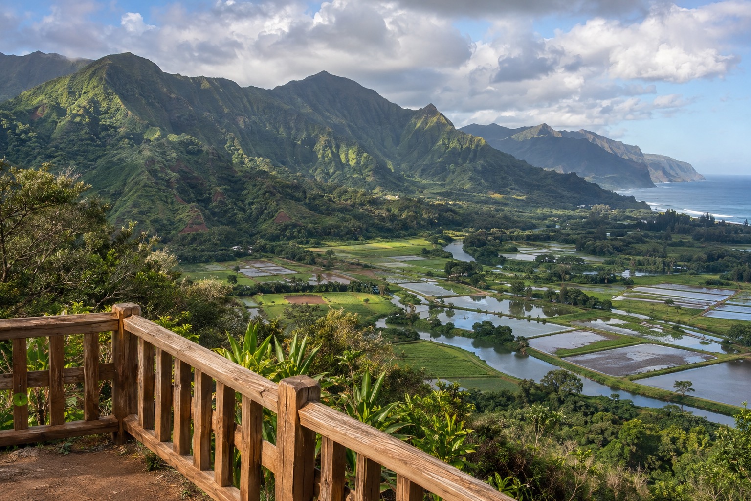 A wooden-railed overlook facing a wide wetland valley with taro fields and mountains behind
