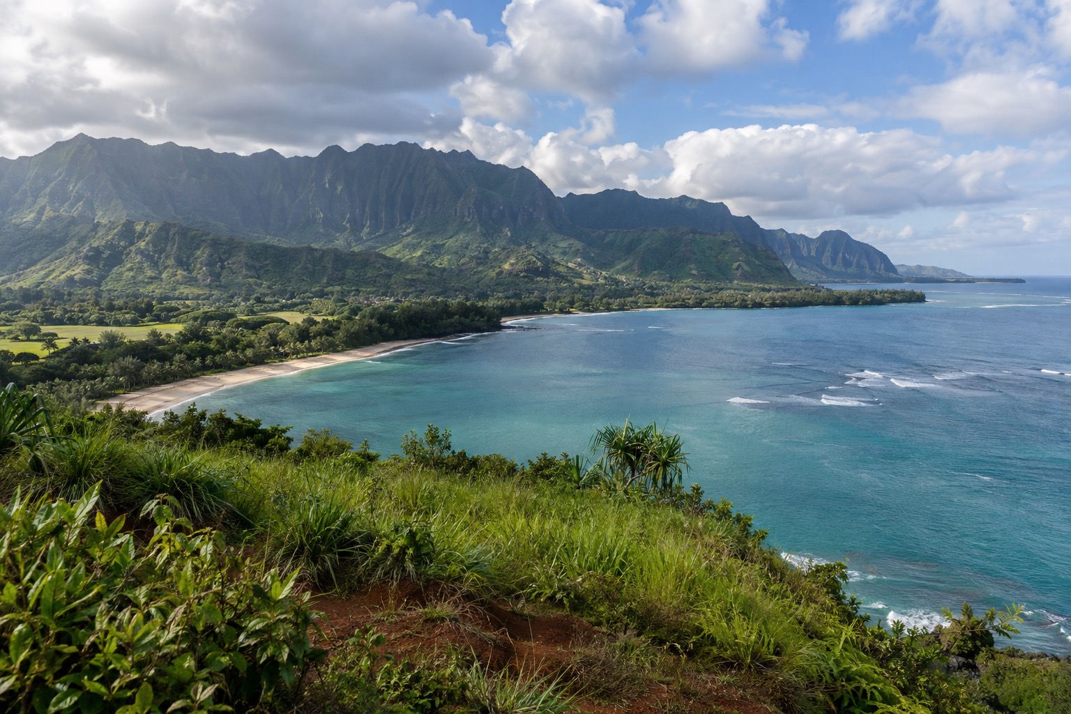A grassy bluff overlooking Hanalei Bay under a partly cloudy June sky