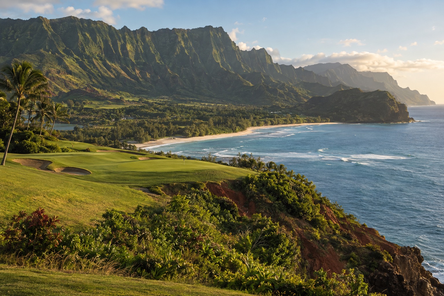 Cliffside golf fairway above Hanalei Bay on Kauai's north shore in late afternoon light
