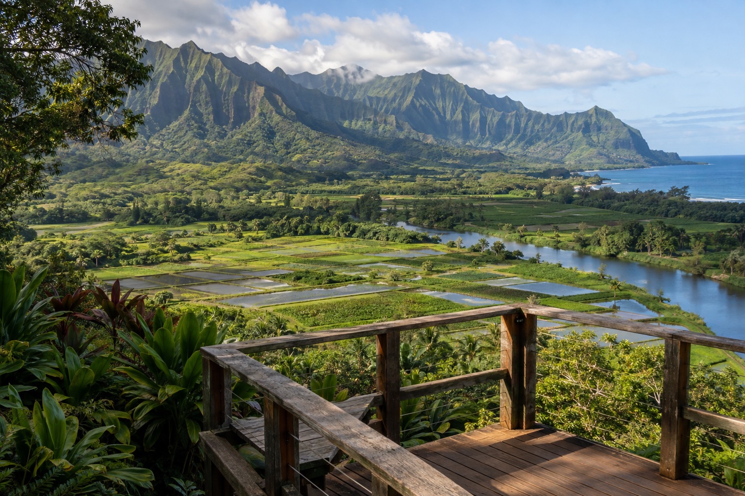 Wooden overlook platform above taro fields at Hanalei National Wildlife Refuge on Kauai's north shore