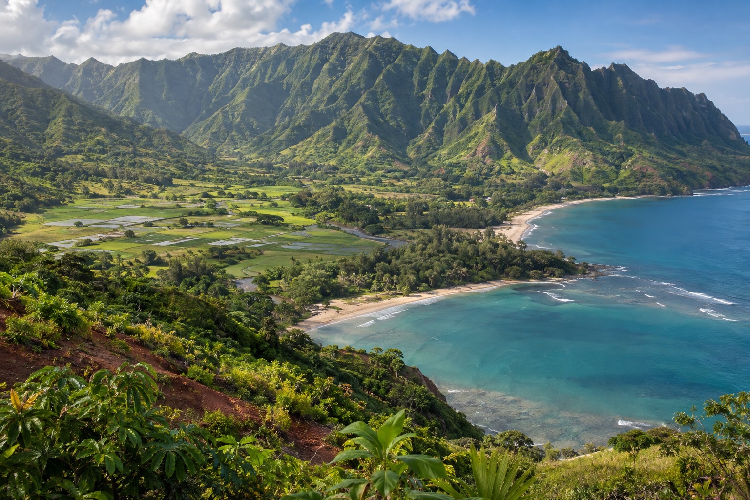 Green cliffs and taro fields above Hanalei Bay seen from Princeville's north shore
