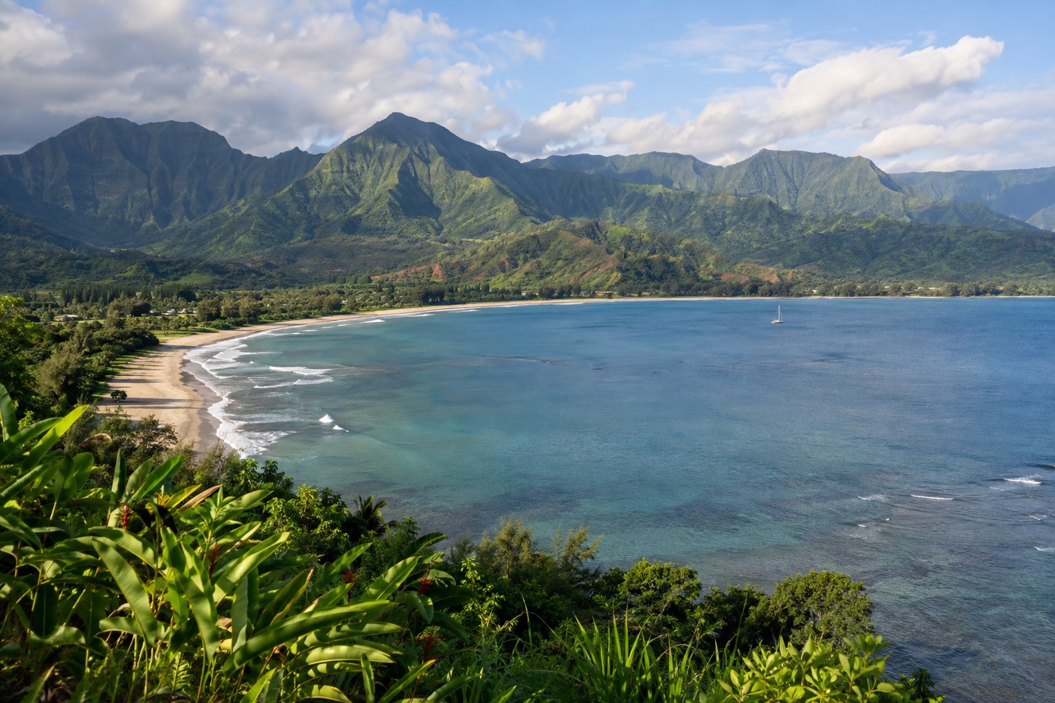 Hanalei Bay's crescent shoreline seen from the Princeville bluff, calm water and forested peaks framing the beach