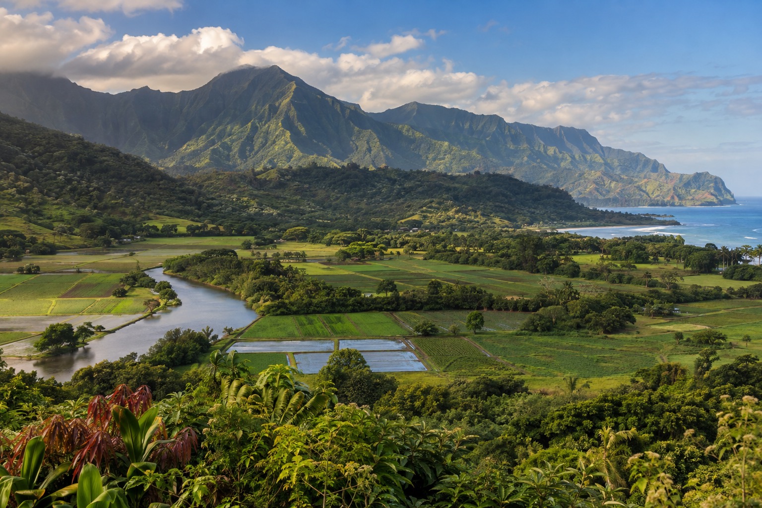 The Hanalei National Wildlife Refuge overlook along Kuhio Highway in Princeville, taro fields and the Hanalei River valley below