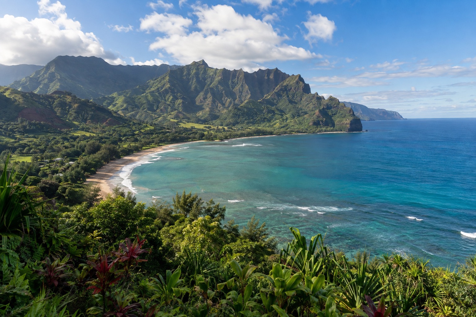 Turquoise water and green cliffs along Hanalei Bay seen from a bluff in Princeville