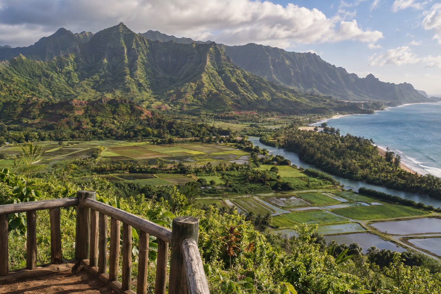 A wooden overlook above taro fields near a river mouth on Kauai's north shore