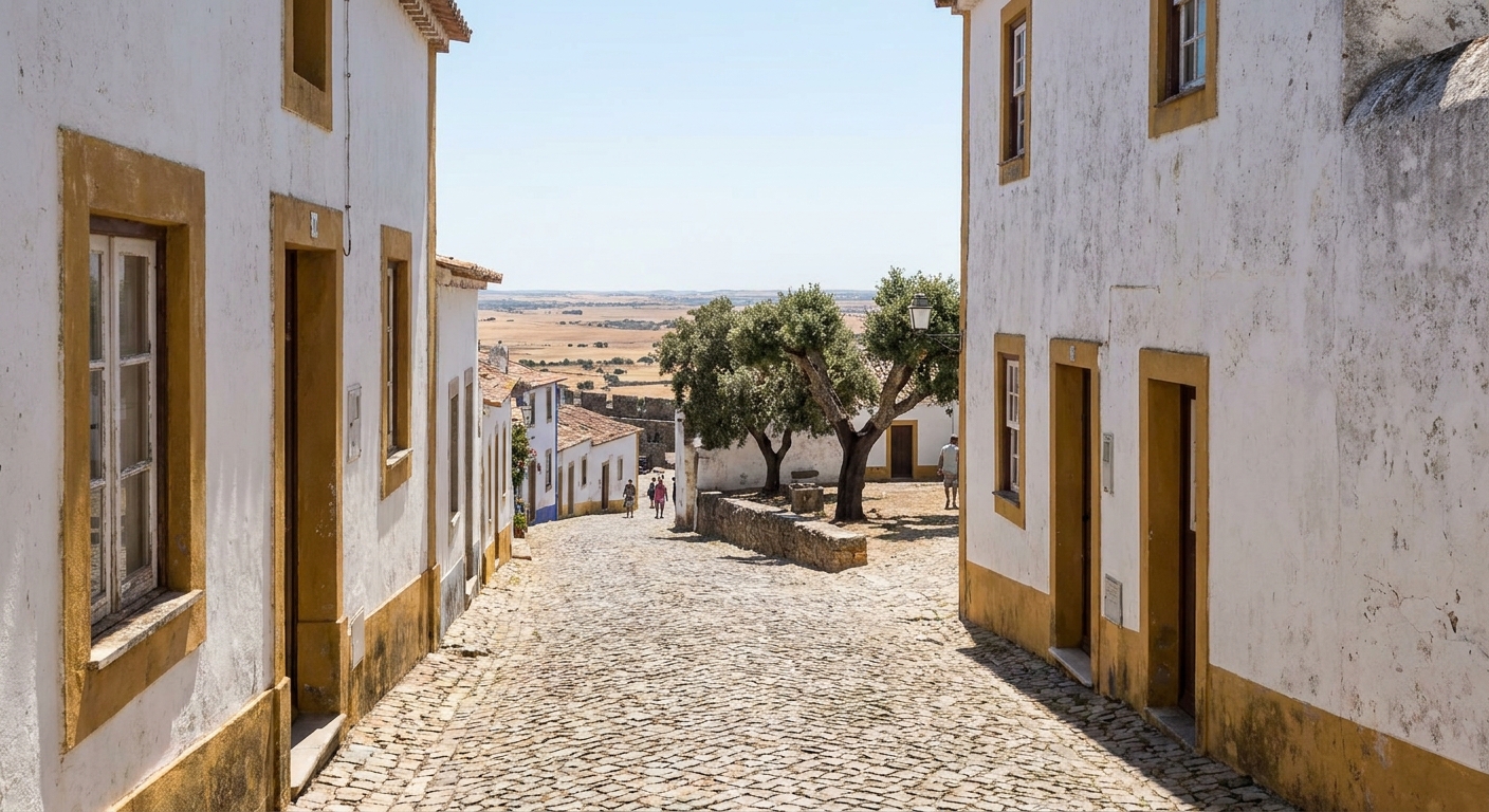 Granite ramparts of a hilltop village above a wooded valley in the northern Alentejo near the Spanish border