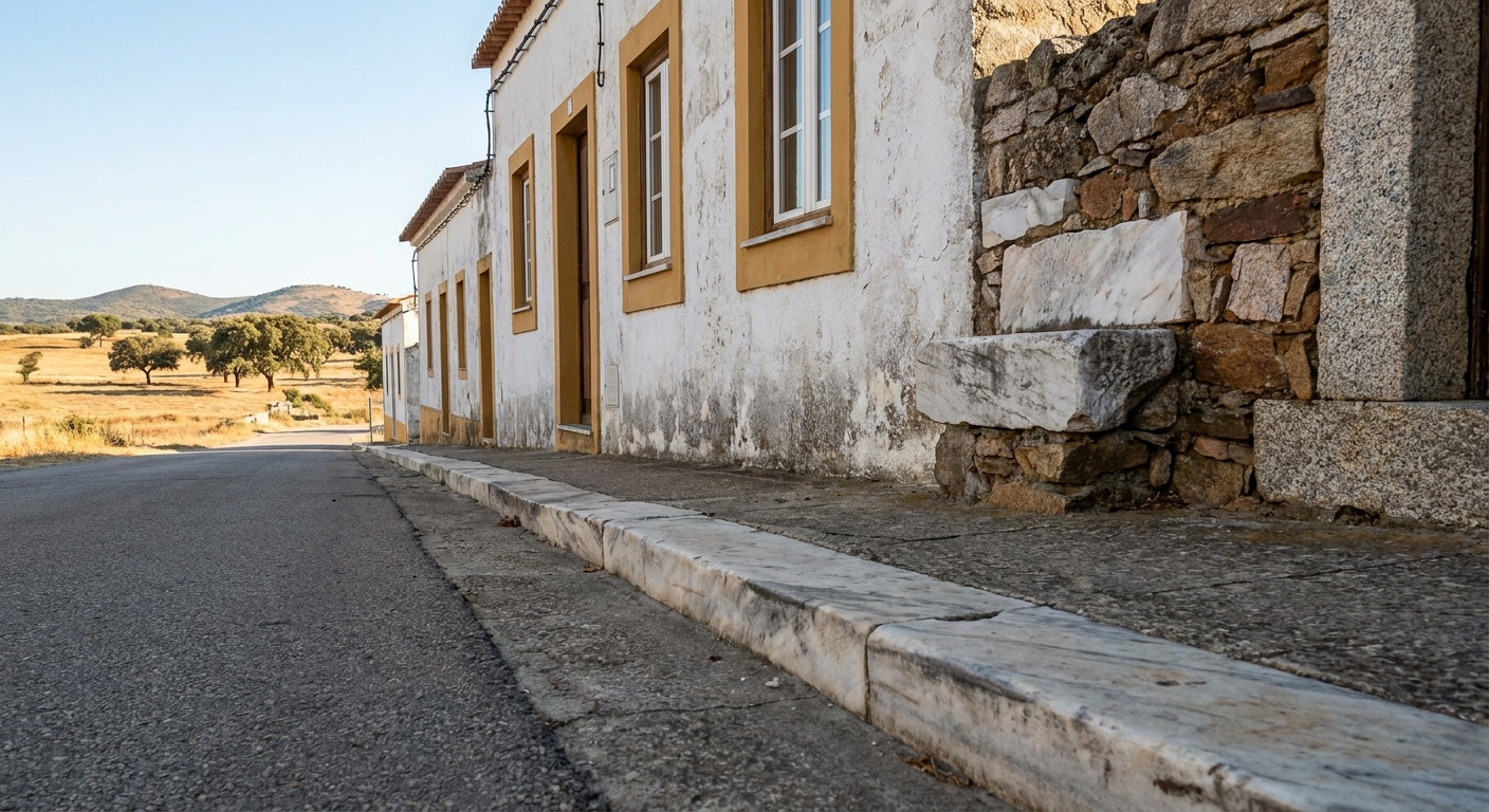 Narrow stone lane between whitewashed houses with ochre trim in a walled Alentejo hill town