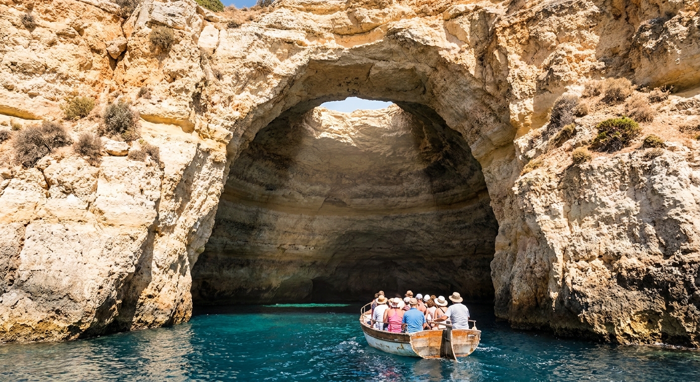 Small tour boat passing under a limestone arch below ochre cliffs on the central Algarve coast