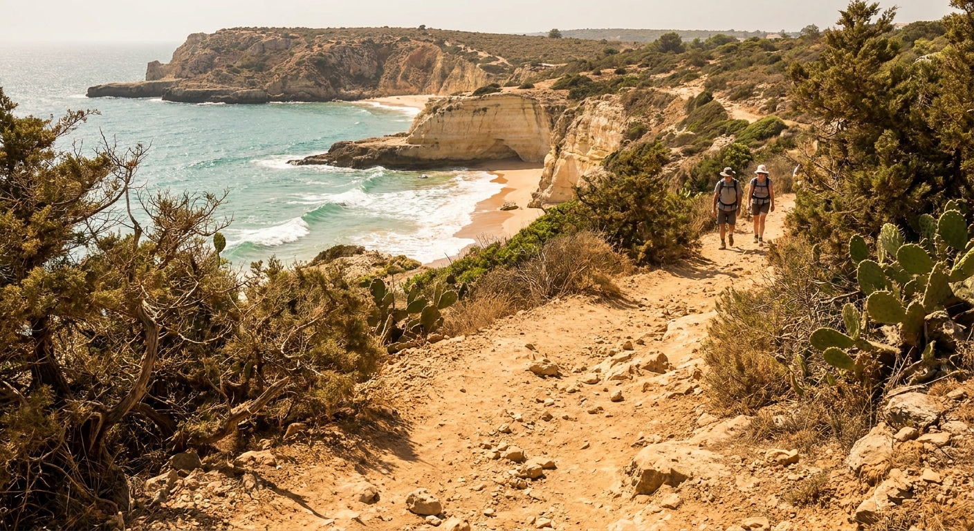 Waymarked clifftop path above a small cove with turquoise water near Praia da Marinha, Algarve