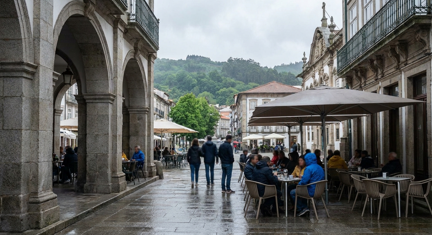 Granite baroque façade of Braga cathedral with arcaded shops and cafés on the square in front