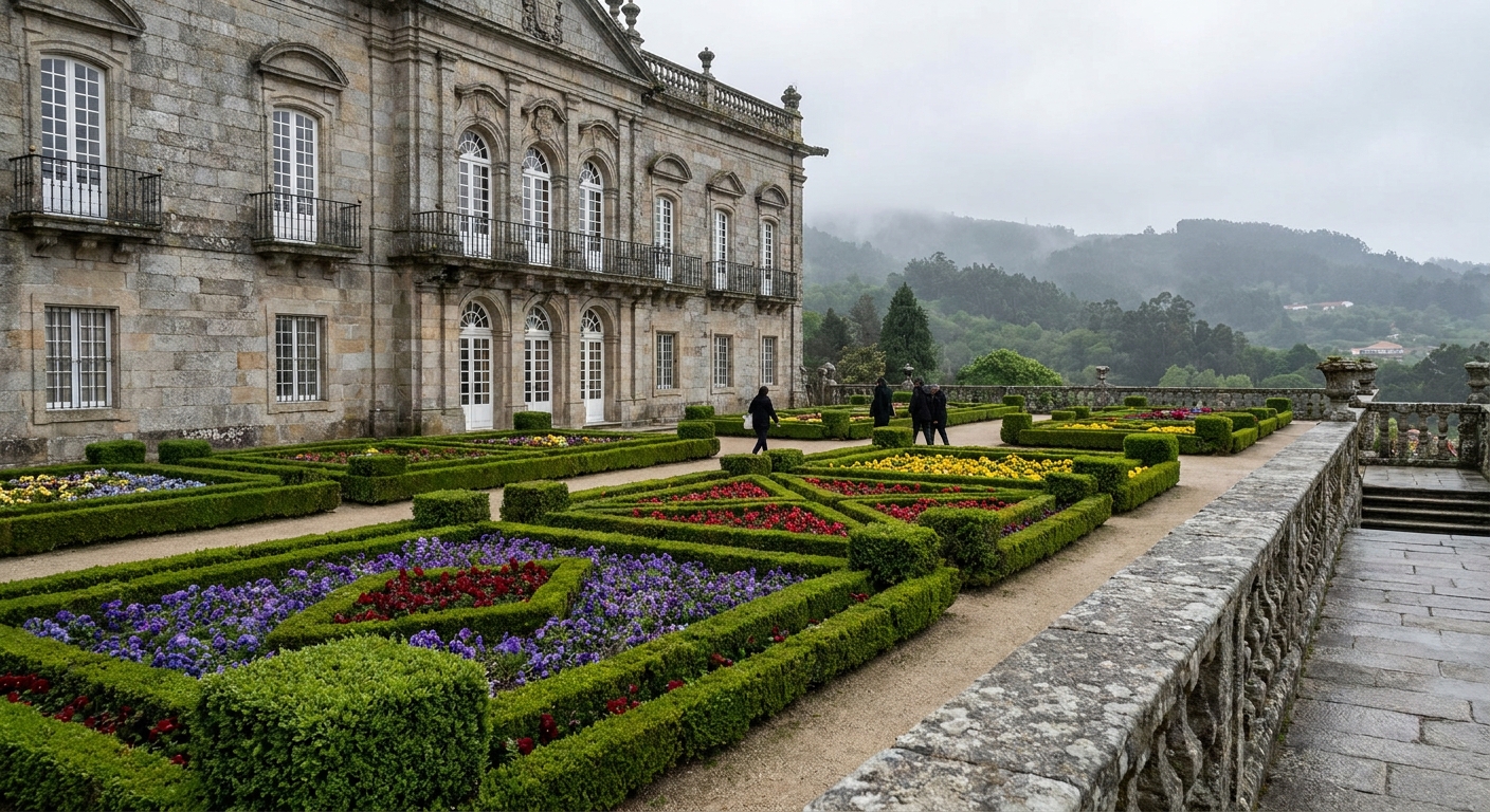 Baroque stone stairway with fountains zigzagging up a wooded hill toward the white church of Bom Jesus do Monte