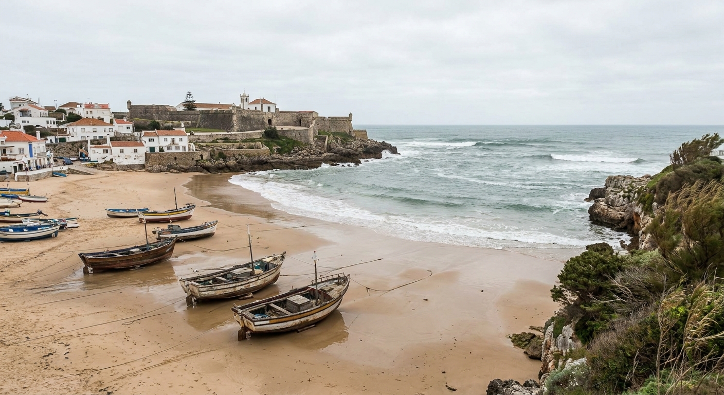 Small sheltered beach in Cascais bay with wooden fishing boats, pastel houses and the citadel wall behind