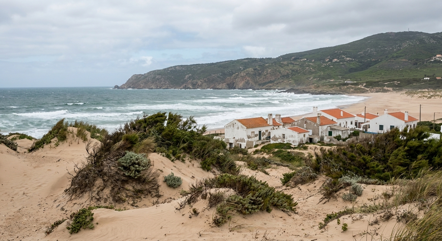Wide sandy beach at Praia do Guincho with white surf, dune grass in the foreground and the Serra de Sintra behind