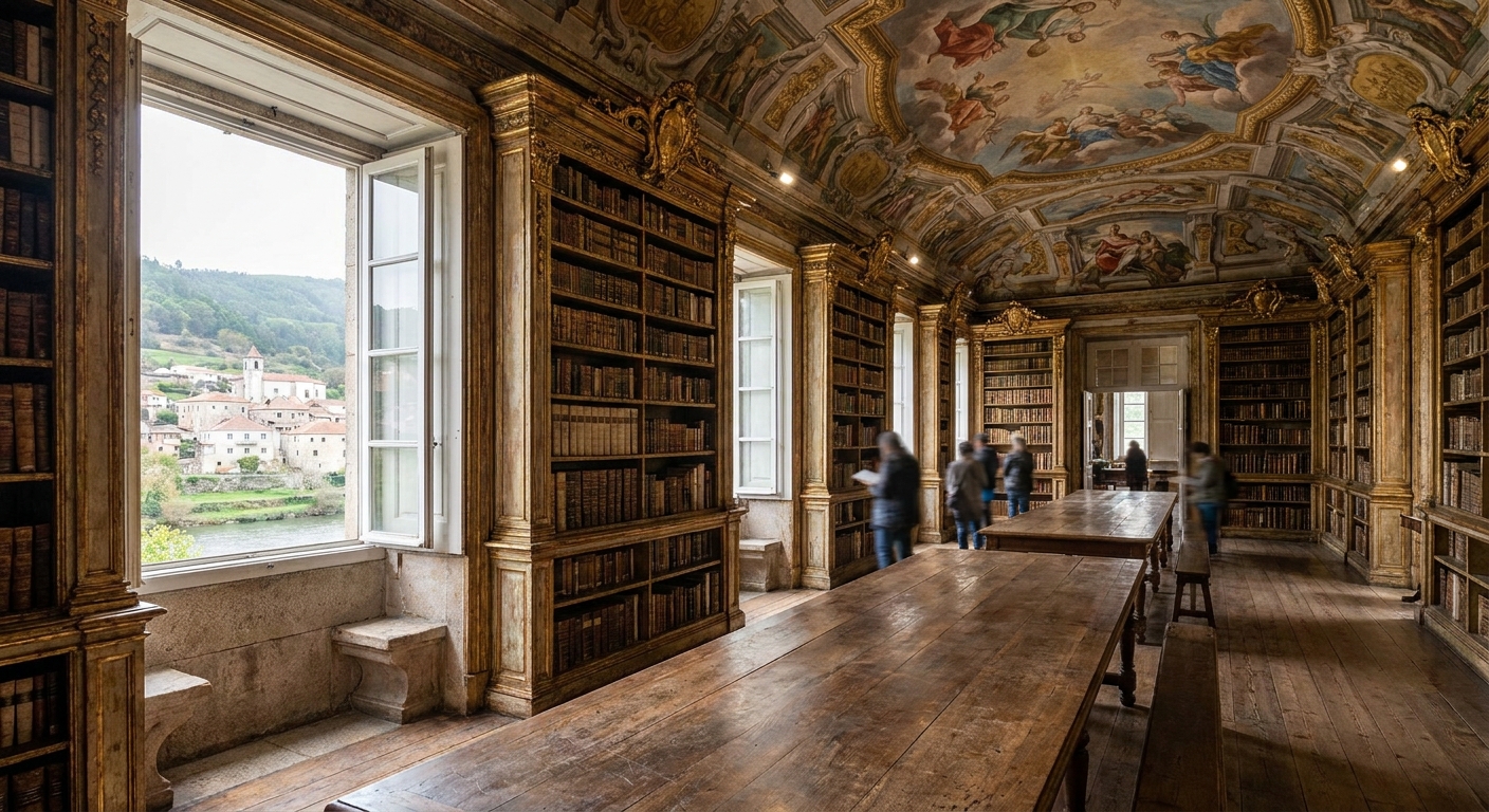Baroque library reading room with gilded wooden shelving, painted ceiling and a long central aisle