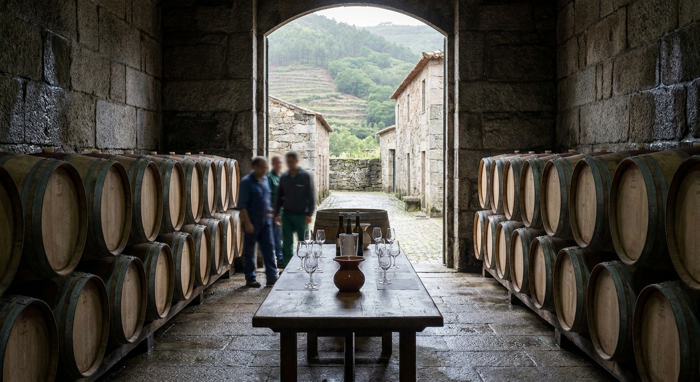 A narrow two-lane road curving between stone walls and vine terraces high above the Douro river