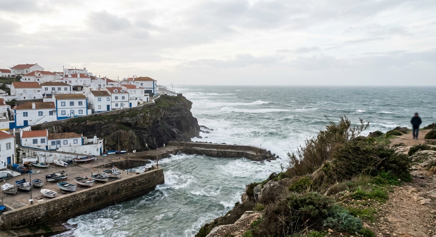 Whitewashed houses on a cliff above a small cove at Ericeira with fishing boats pulled up on a slipway