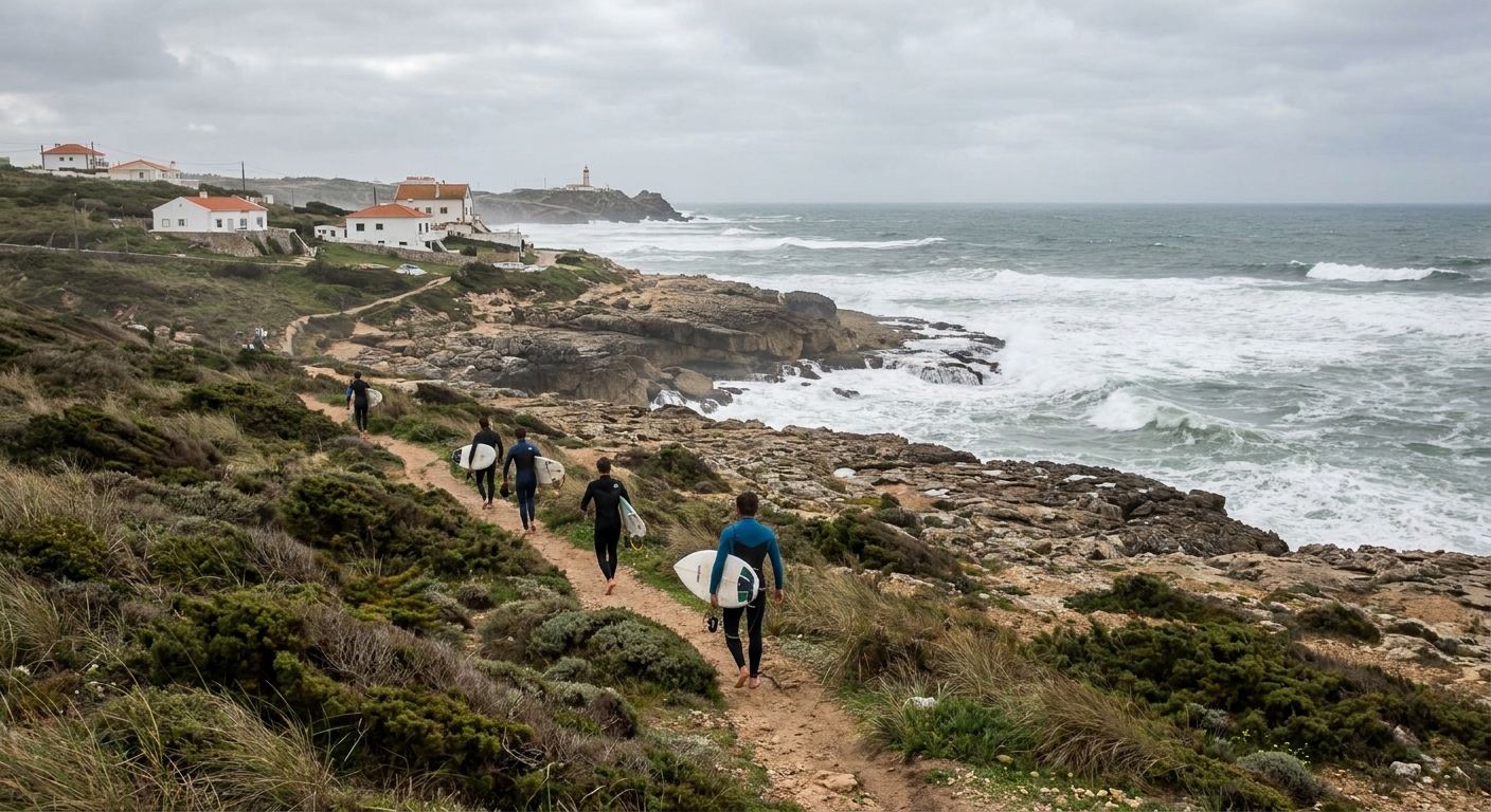 Surfers paddling out over a rock reef at Ribeira d'Ilhas north of Ericeira under grey Atlantic sky