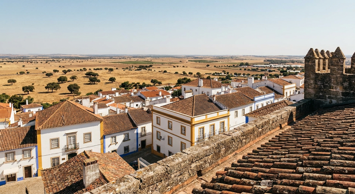 Narrow cobbled lane in Évora lined with whitewashed houses trimmed in ochre yellow around doors and windows
