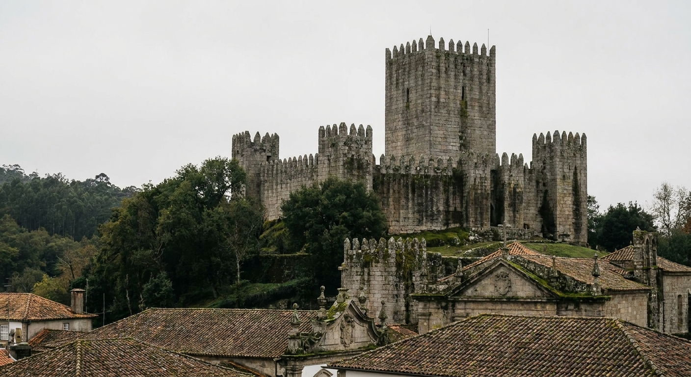 Granite curtain walls and square keep of Guimarães castle on a rocky rise above pine trees and town roofs
