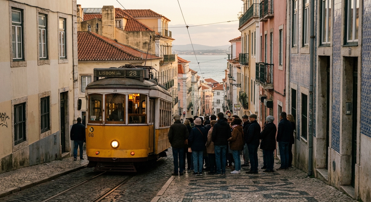Evening crowd on worn limestone paving below the Miradouro das Portas do Sol in Alfama, Lisbon
