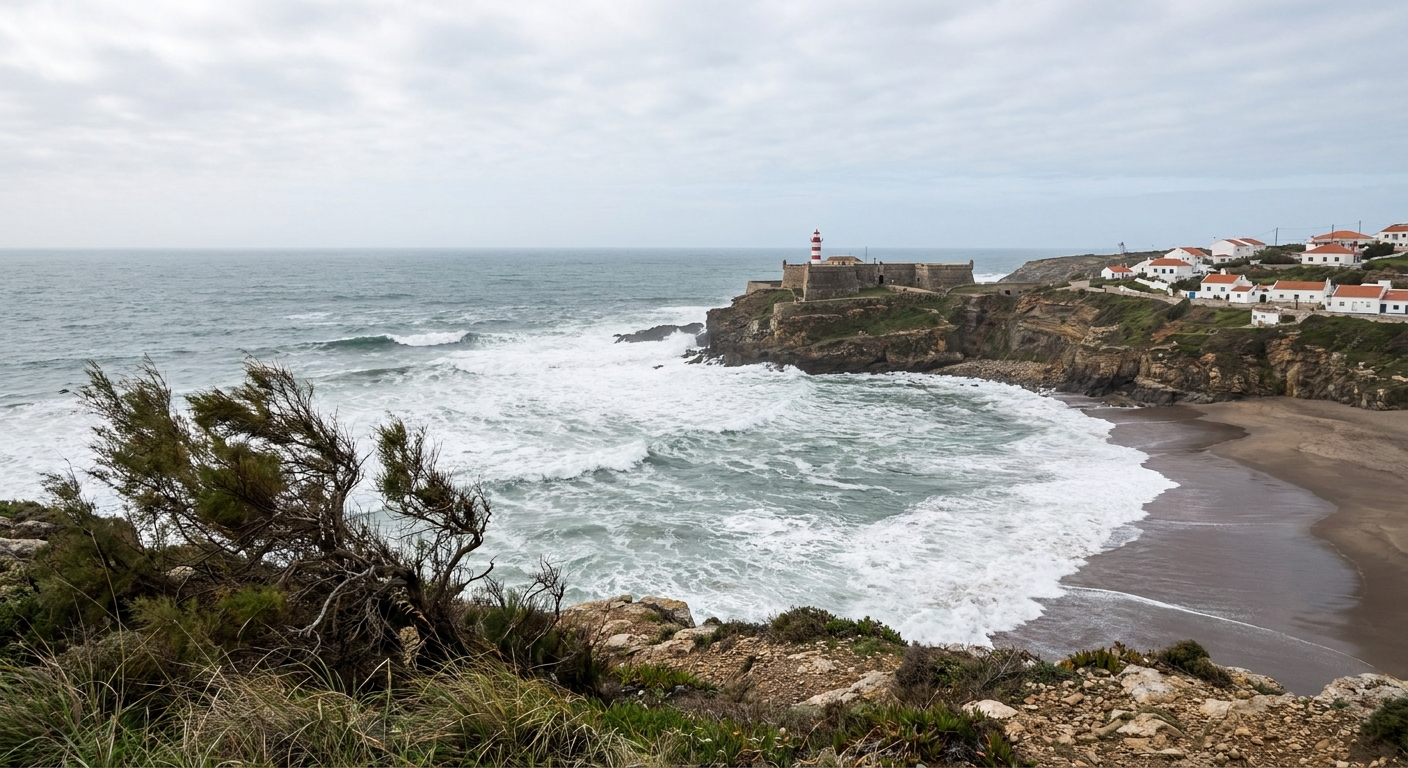 View from the Sítio clifftop in Nazaré over the lower town and its wide beach with rows of striped tents