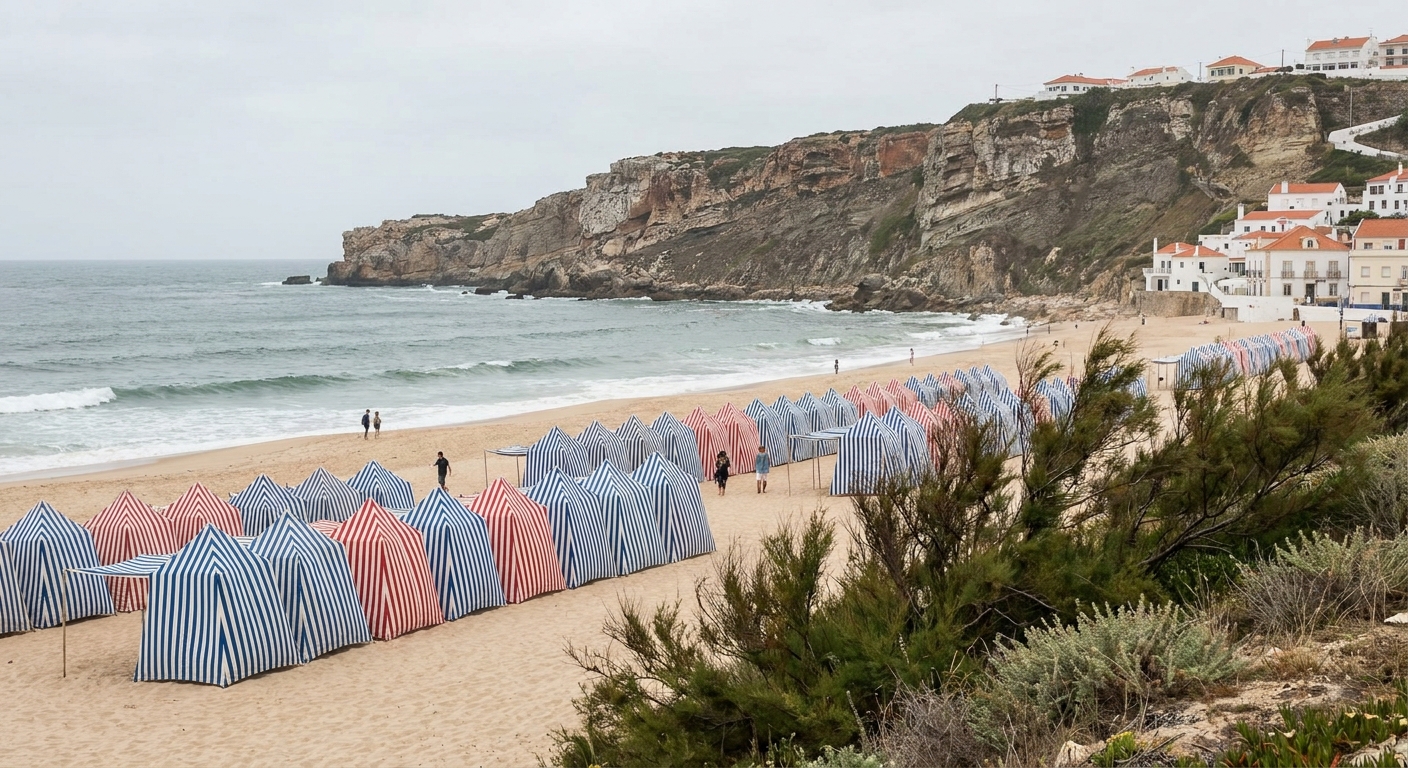 Large Atlantic wave breaking at Praia do Norte in Nazaré below the clifftop fort and lighthouse