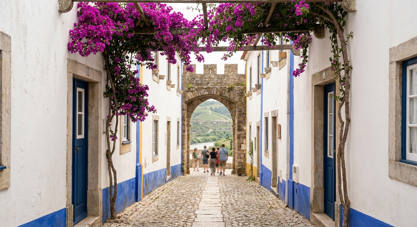 Whitewashed lane in Óbidos with blue-painted skirting, bougainvillea over a doorway and the castle keep at the far end