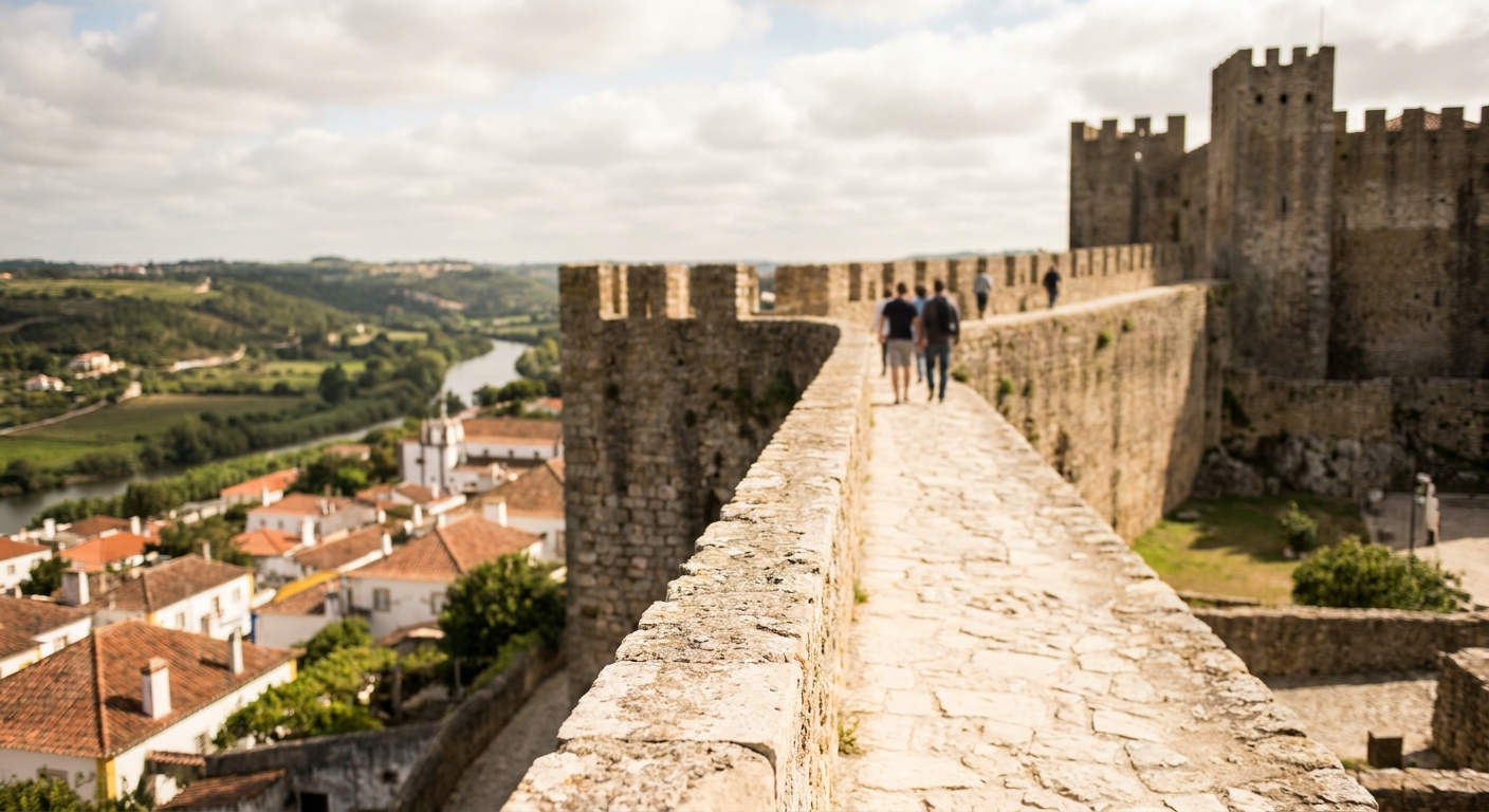 Narrow uneven walkway on top of the Óbidos town wall with an open edge and village rooftops below