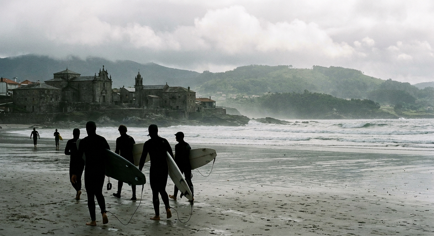 Surfers in wetsuits walking toward grey Atlantic waves on a wide sandy beach north of Porto