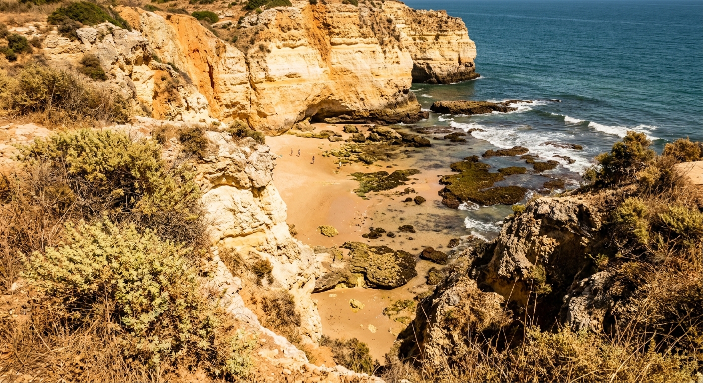 Ochre cliffs above a small cove beach on the southern Algarve coast at low tide