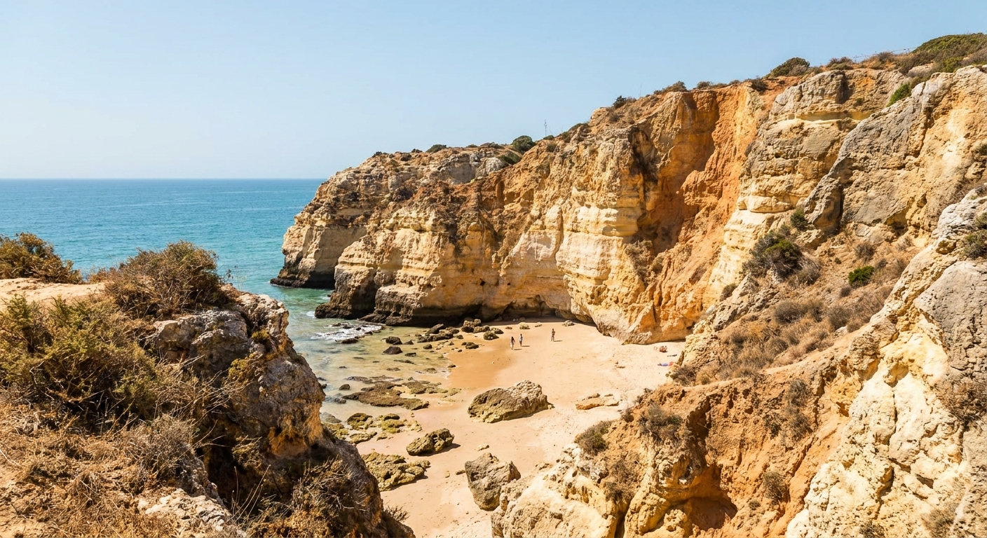 Golden sandstone cliffs above a small Algarve cove with turquoise water and a strip of sand