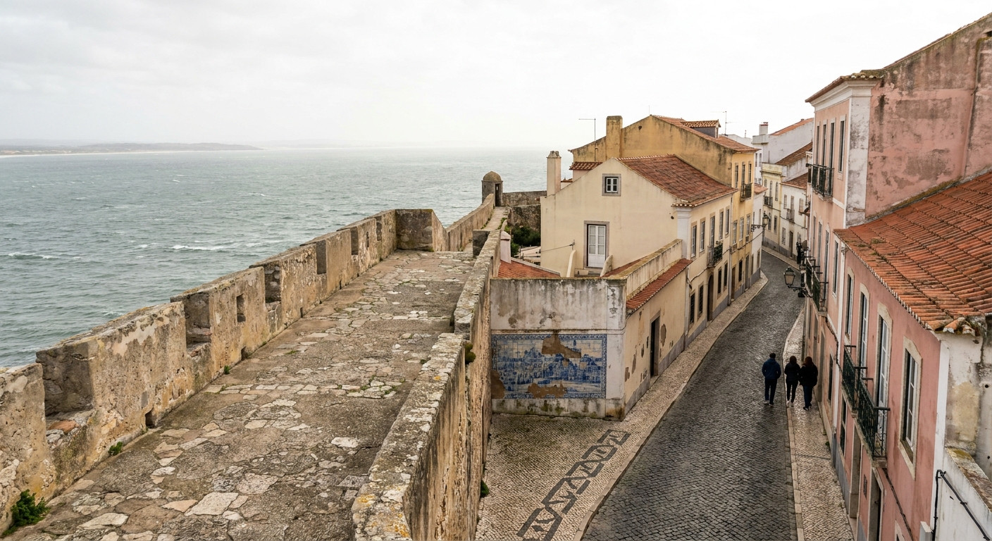 A low fortress wall on a windswept headland above the Atlantic near Sagres
