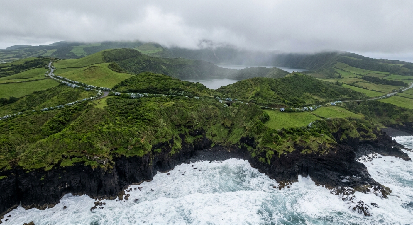 Black basalt coastline below green hills on the south coast of São Miguel, with white surf breaking